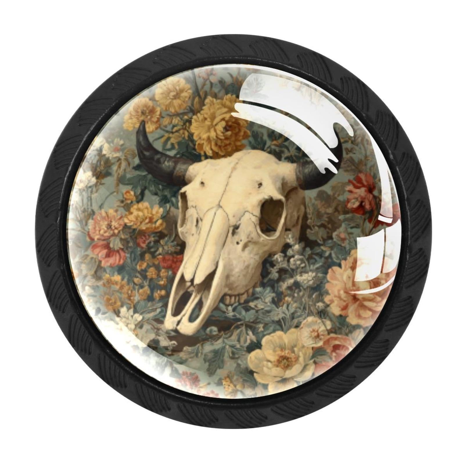 CHENZZZZ 4 Pieces Dresser Knobs Vintage Western Skull Floral Flower Bone Drawer knobs Cabinet Knobs Pull Handles for Home Kitchen Office