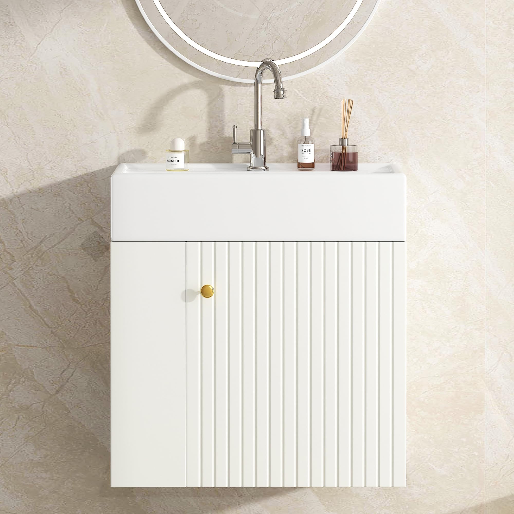 Lavabo per WC per gli ospiti, con mobiletto da 55 cm, mobiletto sospeso, piccolo mobile da bagno per gli ospiti, bianco