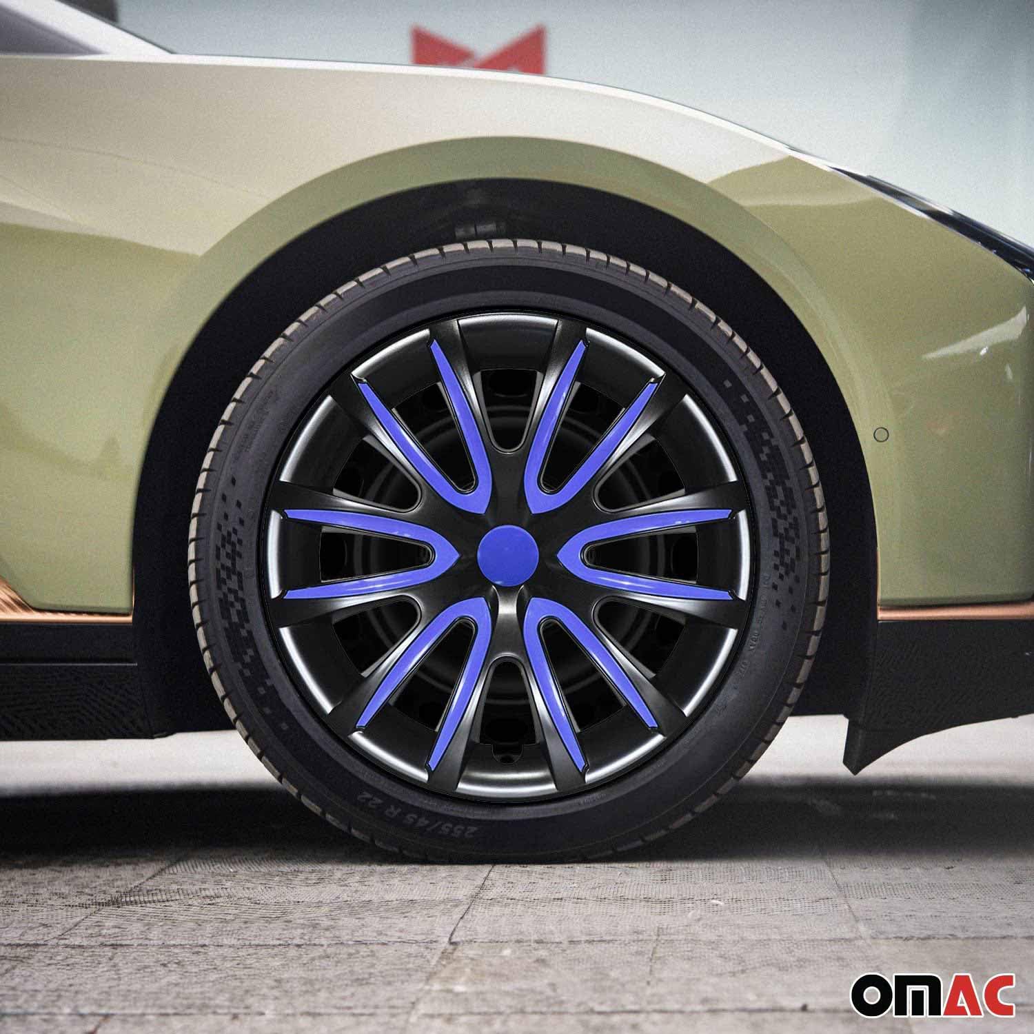 OMAC 4 Coprimozzi Per Cerchi In Acciaio Da 16 Pollici, Nero/blu Scuro, In ABS, Compatibili Con VW, Fiat, Renault, Peugeot