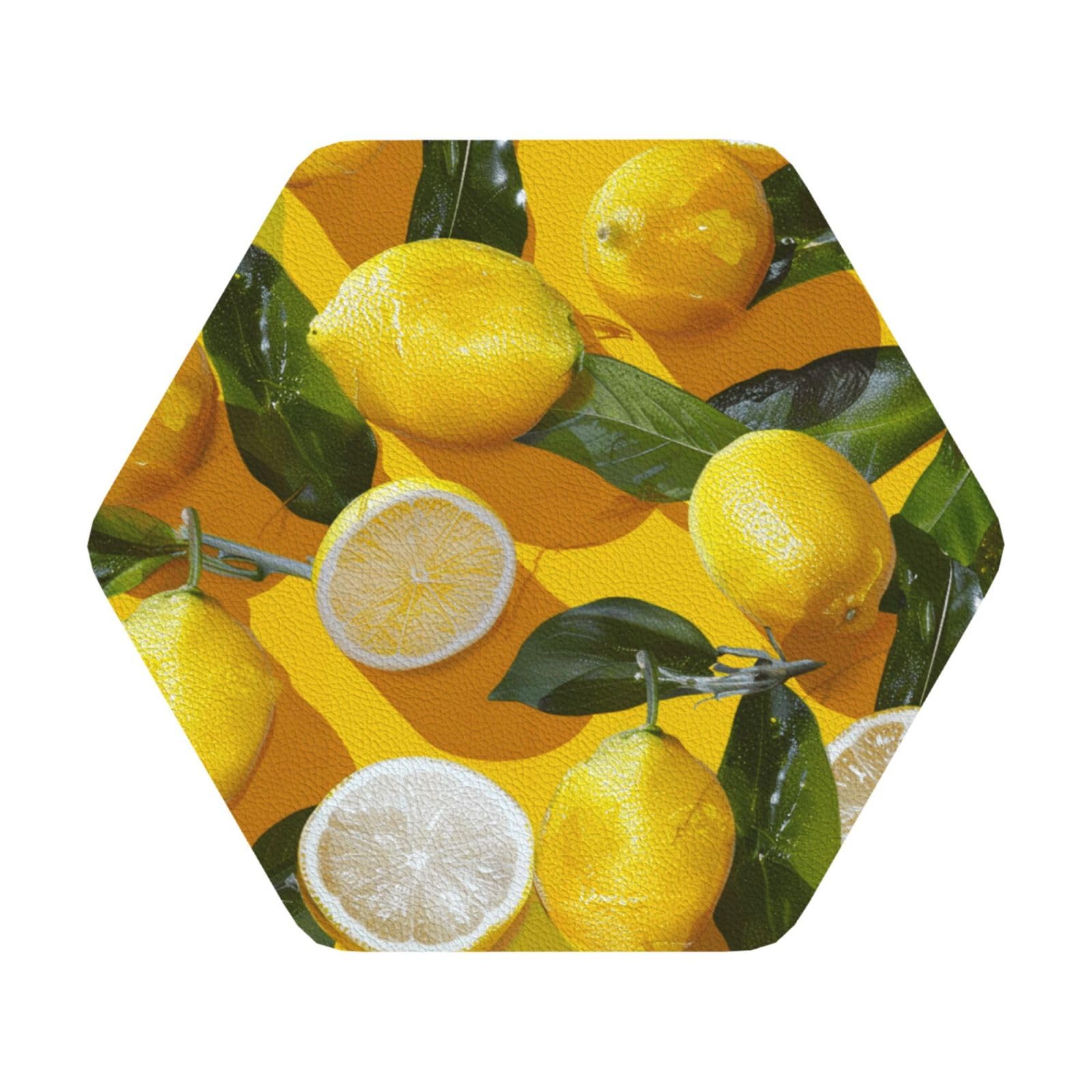 Yellow Lemons Print Leather Coaster Set of 6, Hexagon Coasters Table Decorative Coffee Cup Beverage Coasters Wine Beer Bar Coasters for Hot Drinks Table Protection