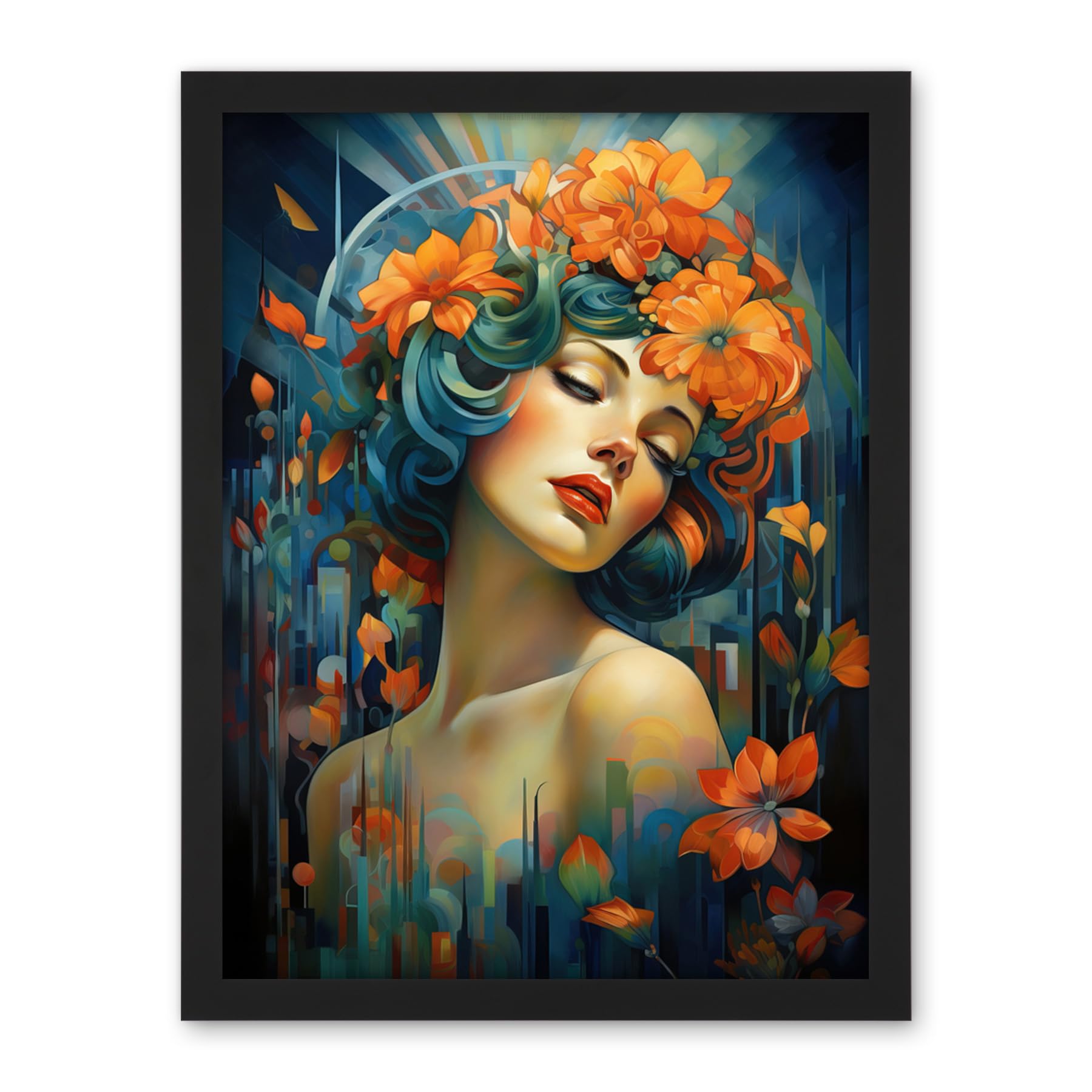 Artery8 Woman Portrait with Flowers Modern Art Deco Vibrant Artwork Orange Blue Floral Headband Artwork Framed Wall Art Print 18X24 Inch