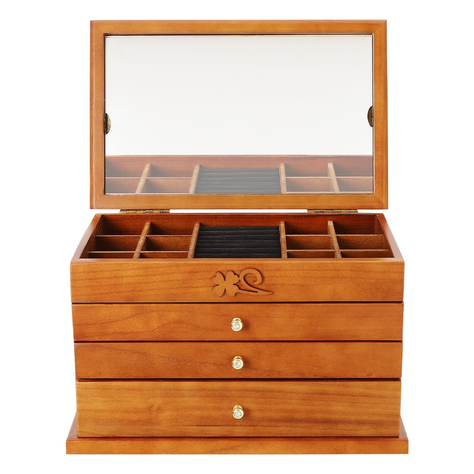 Schmuckkästchen, Holz-Schmuckaufbewahrung Organizer mit Spiegel, 4 Etagen Schmuckkasten Groß mit 3 Ausziehbare Schubladen, Schmuckschrank für Uhren, Ringe, Halsketten, 31 * 19.3 * 19.7cm