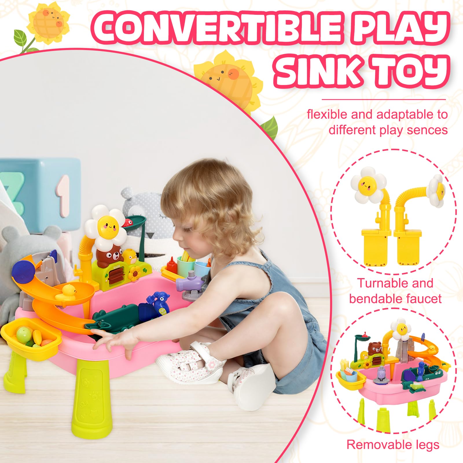 3 in 1 Tavolo Acqua Bambini con Ciclo dell'Acqua Set Lavello da Cucina, Kit da Cucina Giocattolo per Bambini con Pesca e Giochi d'Acqua, Cucina Giocattolo per Bambini dai 3 Anni in