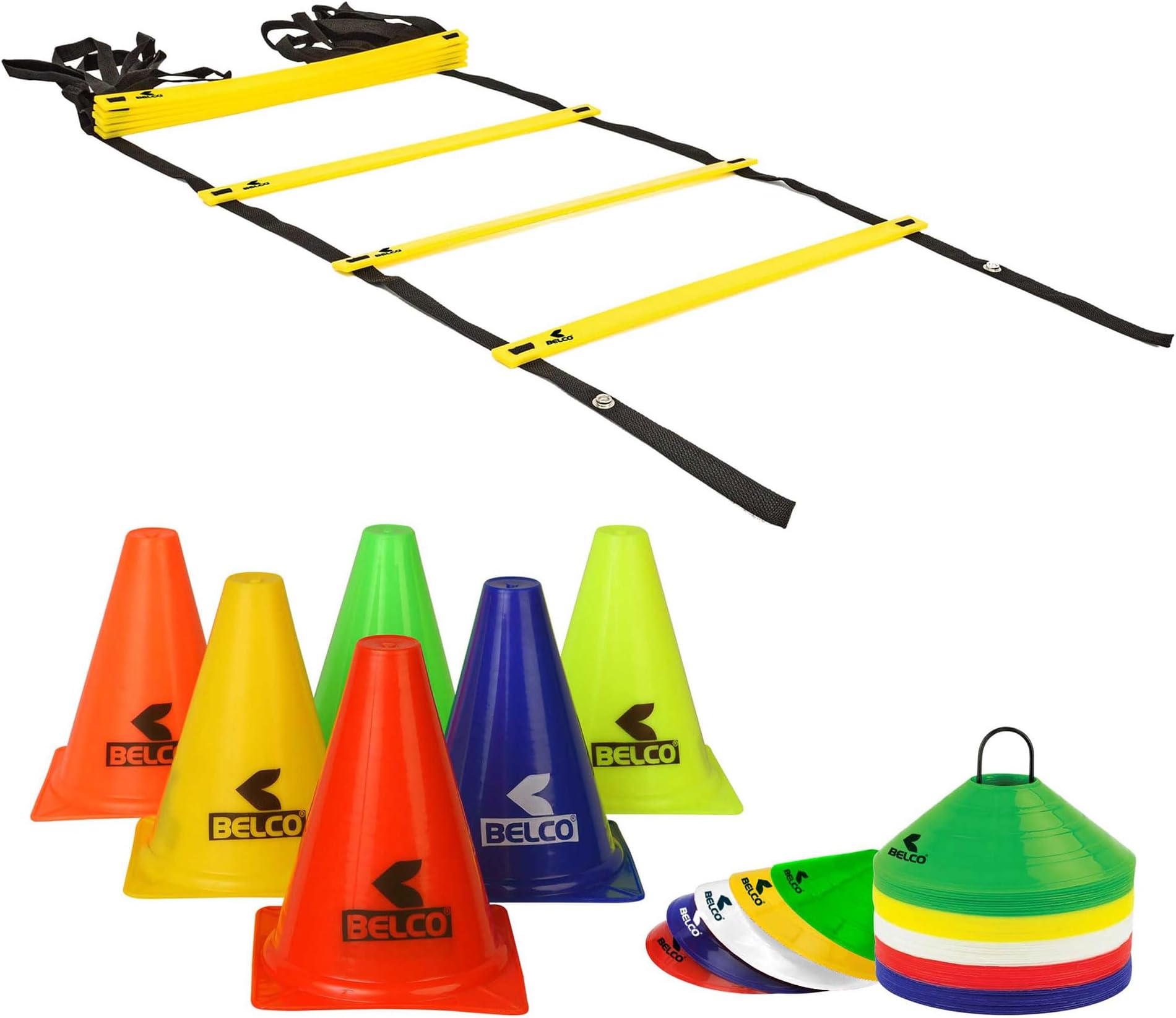 Belco Sports PVC Cones, Pack 6, 10 Space Markers and Ladder Agility, 4 Meter Combos (Multicolour, 6 Inch)