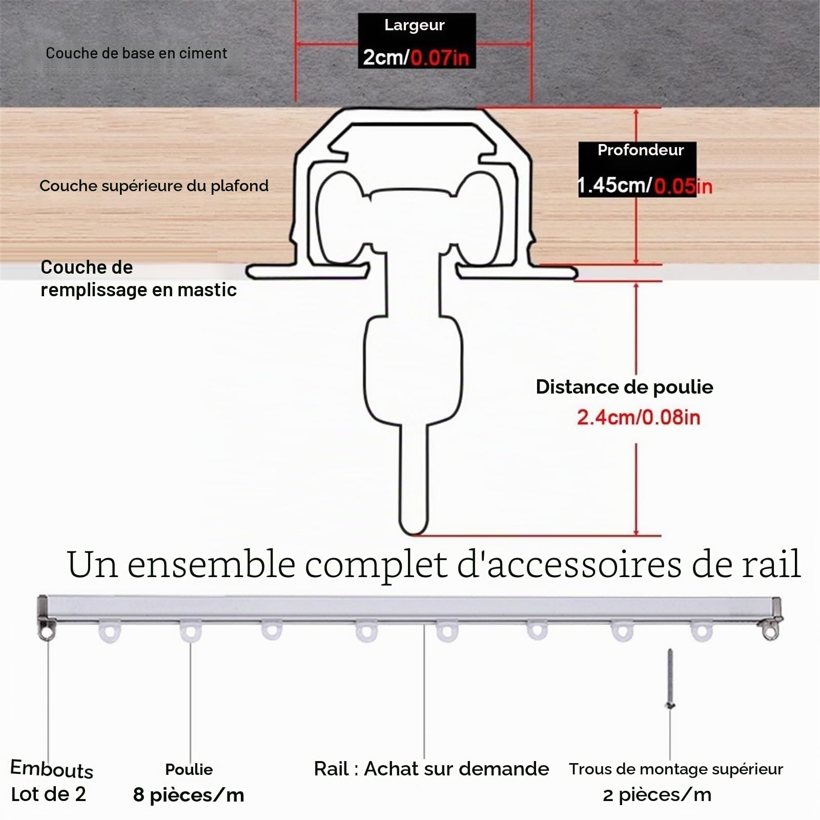 Rail De Plafond Caché, Rail De Rideau En Aluminium Encastré, Tringle À Rideau Robuste Avec Rouleaux Lisses, 100-600 Cm, Noir(Blanc,240cm/7.9ft(2 * 120cm))