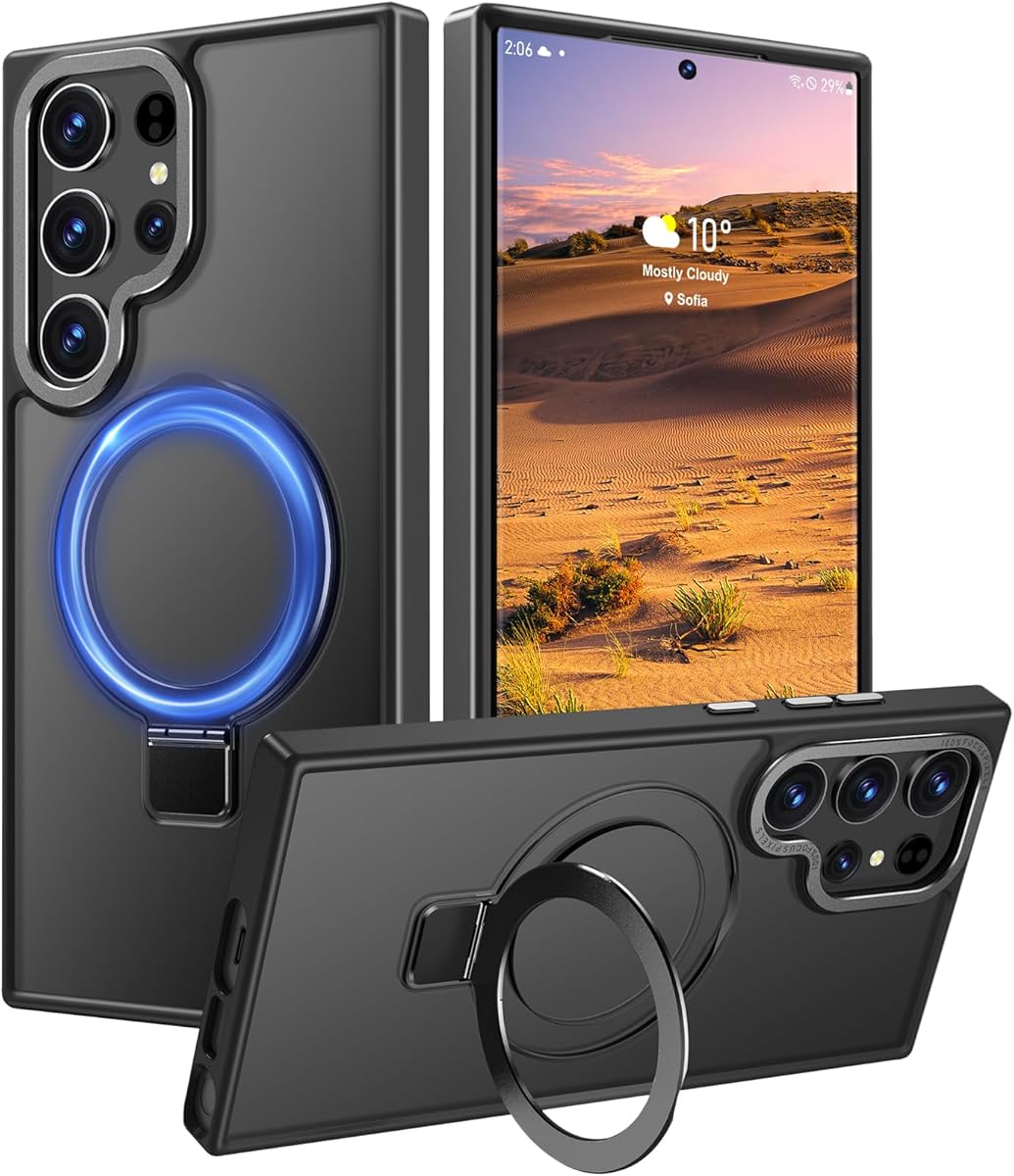 Rayboen for Samsung Galaxy S23 Ultra Case with Magnetic Ring Stand, [Designed for Magsafe] Shockproof Anti-Scratch Protective Slim Fit Skin Feel Phone Cover for Samsung S23 Ultra, Matte Black