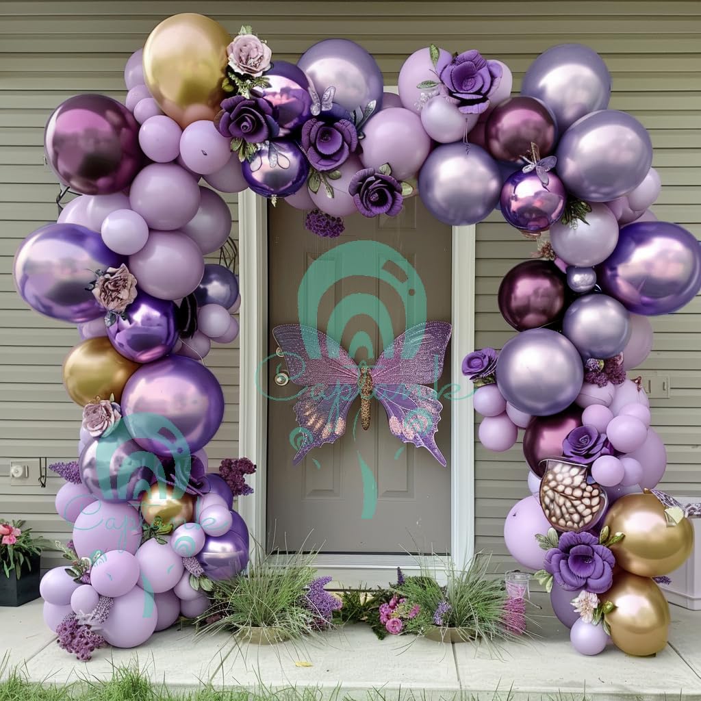 パープルとゴールドのバルーン ラベンダーバルーンアーチキット ライラックバルーンガーランド ダークパープルバルーン 異なるサイズ 誕