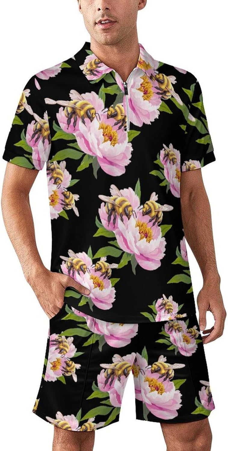Bee Mens Polo Shirts Track Suits 2 Piece Short Sleeve Sweatsuit 1/4 Zip Golf Loungewear for Sports