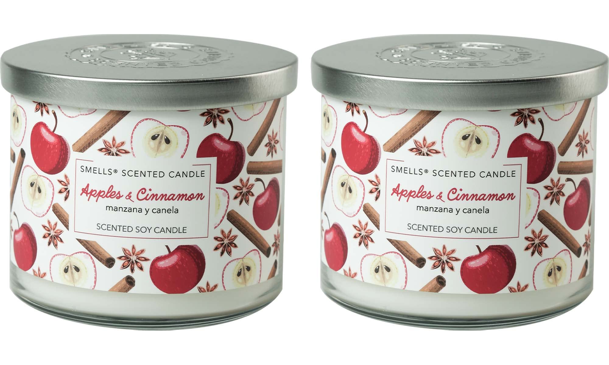 Smells - Premium Soy Wax Round Jar Scented Candle 16oz. - 100% Cotton 3-Wicks - Fragrance That Eliminates Home and Office Odors: Food, Pets, Smoke and Others (2-Pack, Apples & Cinnamon)