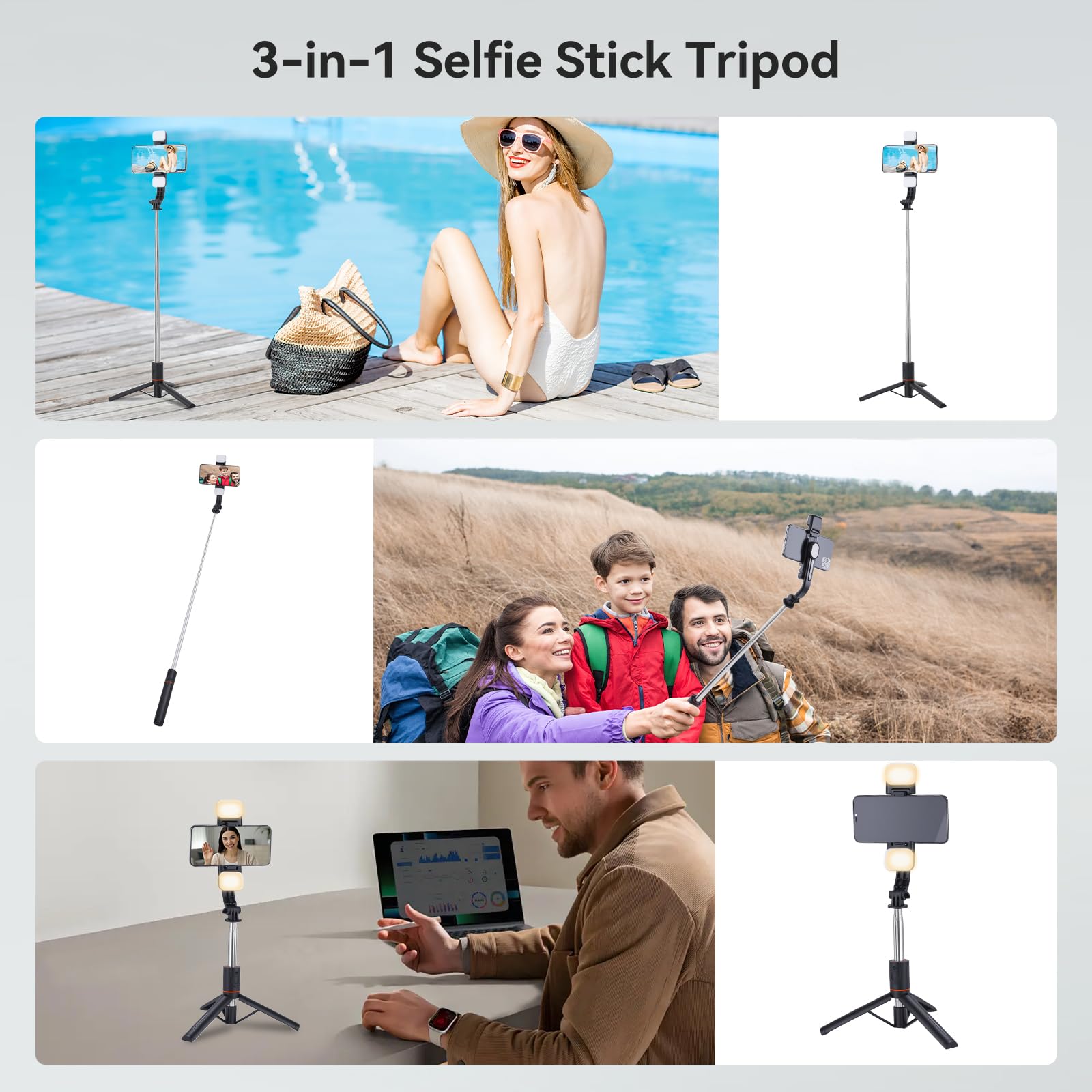 UTEBIT 116CM Trépied Telephone Portable Rétractable avec 2 Lumière, Perche a Selfie, Support de Téléphone avec Télécommande Détachable pour iPhone,Android,Gopro,Appareil Photo