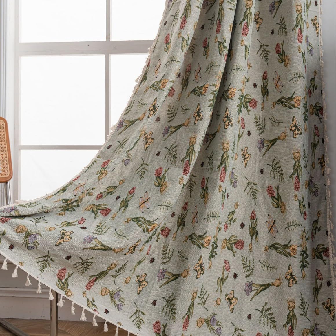USTIDE Green Farmhouse Jacquard Curtain 1 Panel Room Darkening Blossom Curtain for Bedroom Living Room,150x160cm