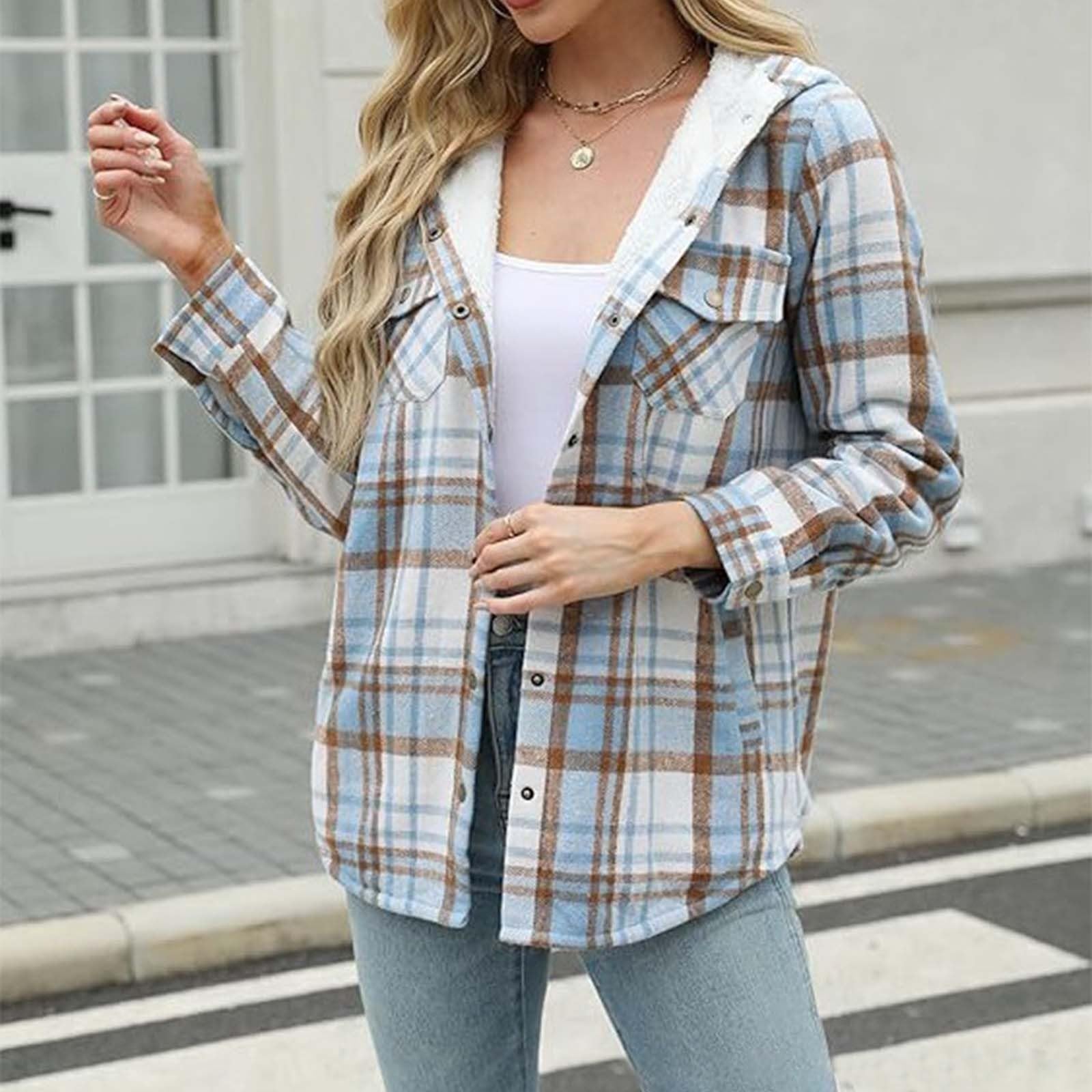 Generisch Hemdjacke Damen Flanellhemd Kariertes Knöpfen Taschen Mantel Holzfällerjacke Plaid Plüsch Fleece Gefüttert Jacke Winter Bluse Mit Kapuze