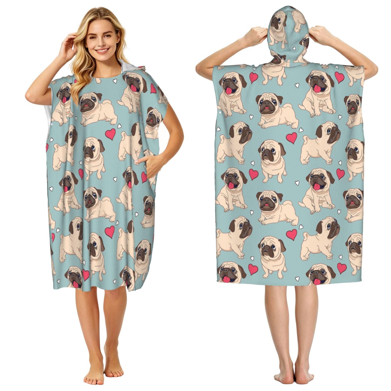 Poadnly Blue Pug Sticker, Adult Hooded Beach Towel 90 x 110 cm,Changing Bath Robe, Surf Poncho Towel For Women Men