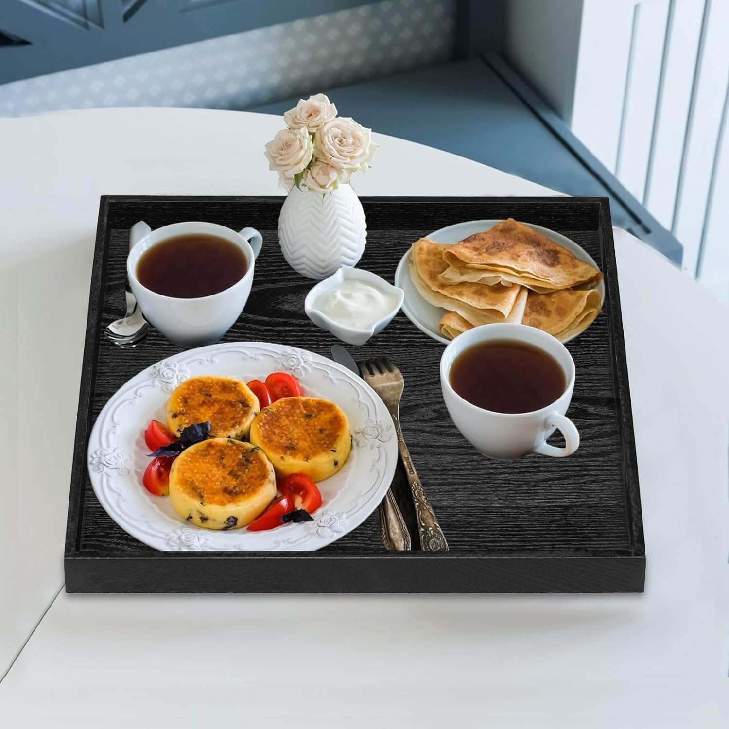 13 x 13 Inches Large Square Black Solid Wood Ottoman Tray, Serve Tea, Coffee or Breakfast in Bed, Classic Wooden Decorative Serving Tray with Raised Edges, Kitchen Party Bar Server Table Tray - Image 4