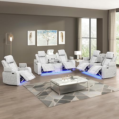 Juego de sofá reclinable eléctrico con luces LED, juego de sofá biplaza y sillón reclinable con reposacabezas y consola eléctrica, soporte para