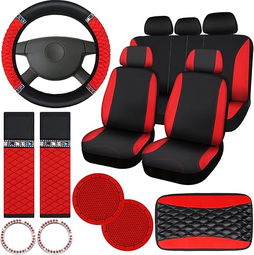 Miniatura 3 de Tallew Juego de 17 piezas de accesorios de coche negro y rojo para mujer, funda de cuero rojo para volante, cinturón de seguridad, almohadilla para