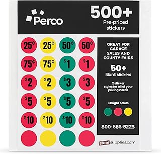 Perco Garage Sale Price Stickers - 500+ Pre-Priced & 50+ Blank Stickers - Easy-to-Read Price Tags for Effective and Attractive Pricing – Ideal for Yard Sales, Flea Markets, County Fairs & Retail Use