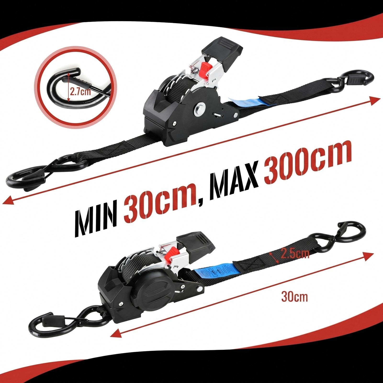 TLGREEN Automatyczny pas mocujący, 3 m x 25 mm, samoczynnie zwijające się pasy mocujące, 2 sztuki, pas zapadkowy z hakiem S, wytrzymałość na pękanie 748 kg, pas mocujący do przyczepy, motocykla