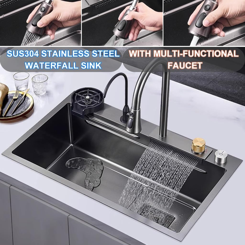Fregadero de cocina de acero inoxidable 304, fregadero de barra de un solo cuenco, grifo desplegable de cascada y juego completo de accesorios de doble montaje (tamaño: 80 x 45 x 22 cm)