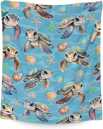 Manta de tortuga marina, suave, mullida y cálida, manta de tamaño individual de 60 x 80 pulgadas para cama, sofá y sala de estar, bonita manta azul