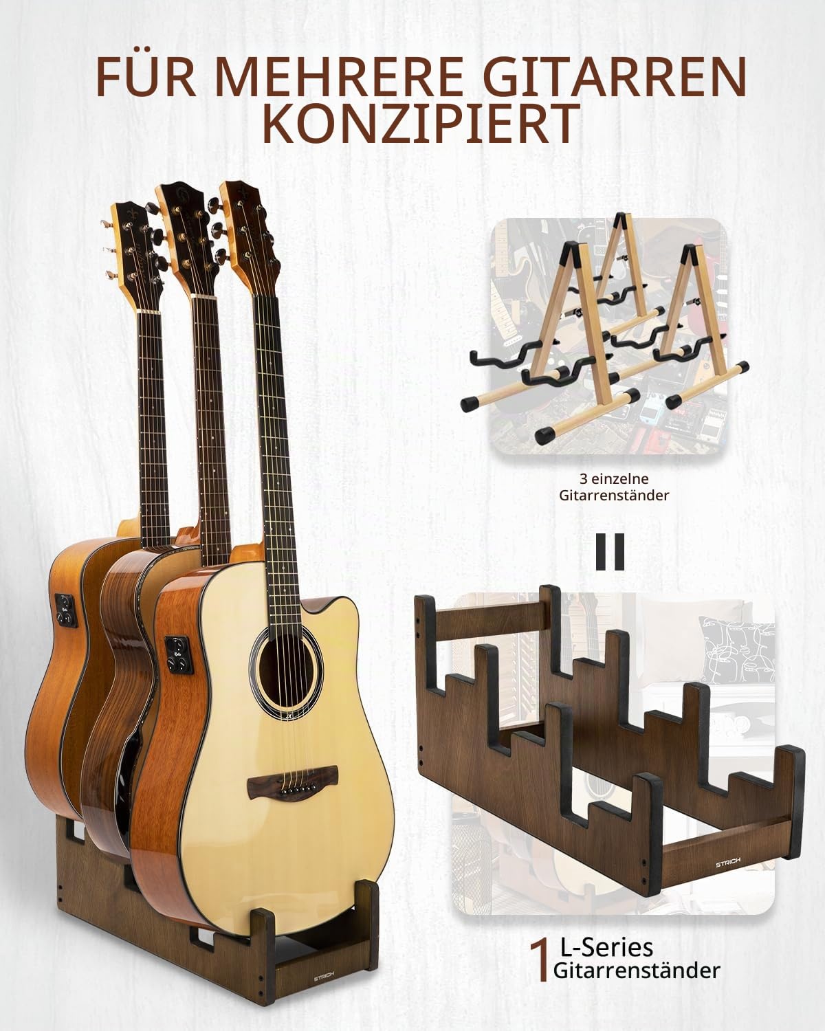 STRICH Holz-Gitarrenständer für mehrere Gitarren, 3-facher Halter, Gepolsterter Multi-Gitarrenständer für Zuhause, Studio, Bühne, L-3AW (Für 3 Akustik-/E-Gitarren)