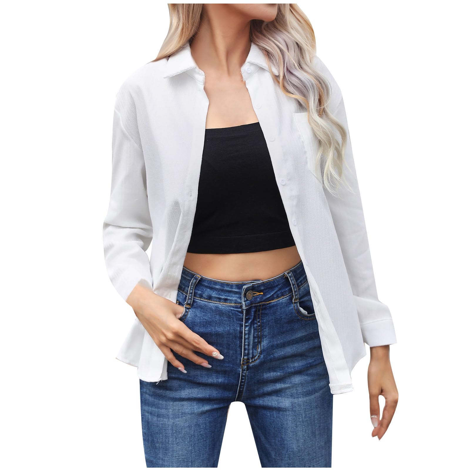 Women's Business Casual Tops Fall Fine Striped Fitted Shirts with Pocket Comfy Corduroy Blouses Button Sleeves Tunic