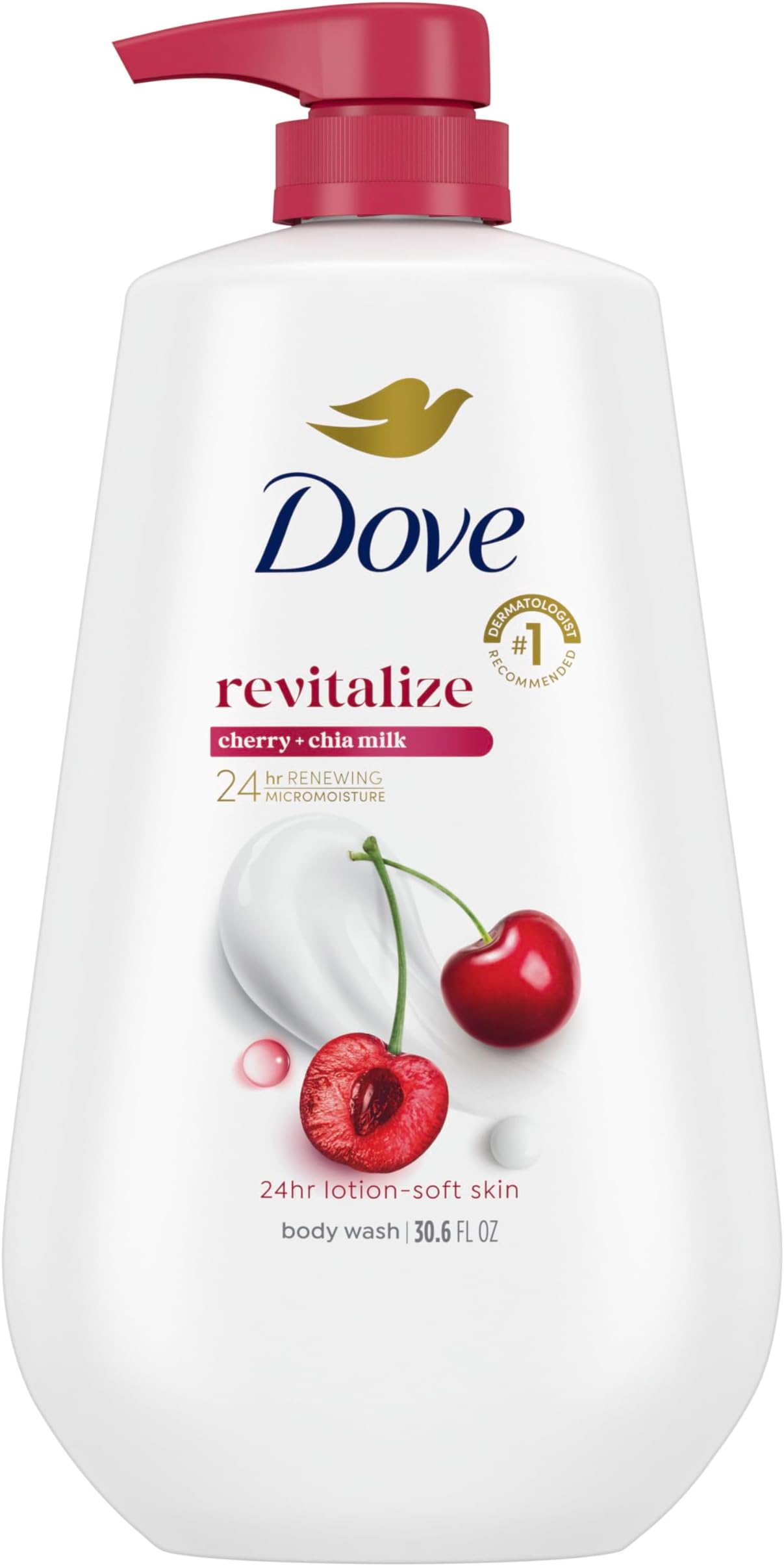Body Wash with Pump Revitalizante Cherry & Chia Milk, for Renewed, Healthy Looking Skin, Moisturizing Gentle Skin Cleanser with 24hr Renewing MicroMoisture, 30.6 oz