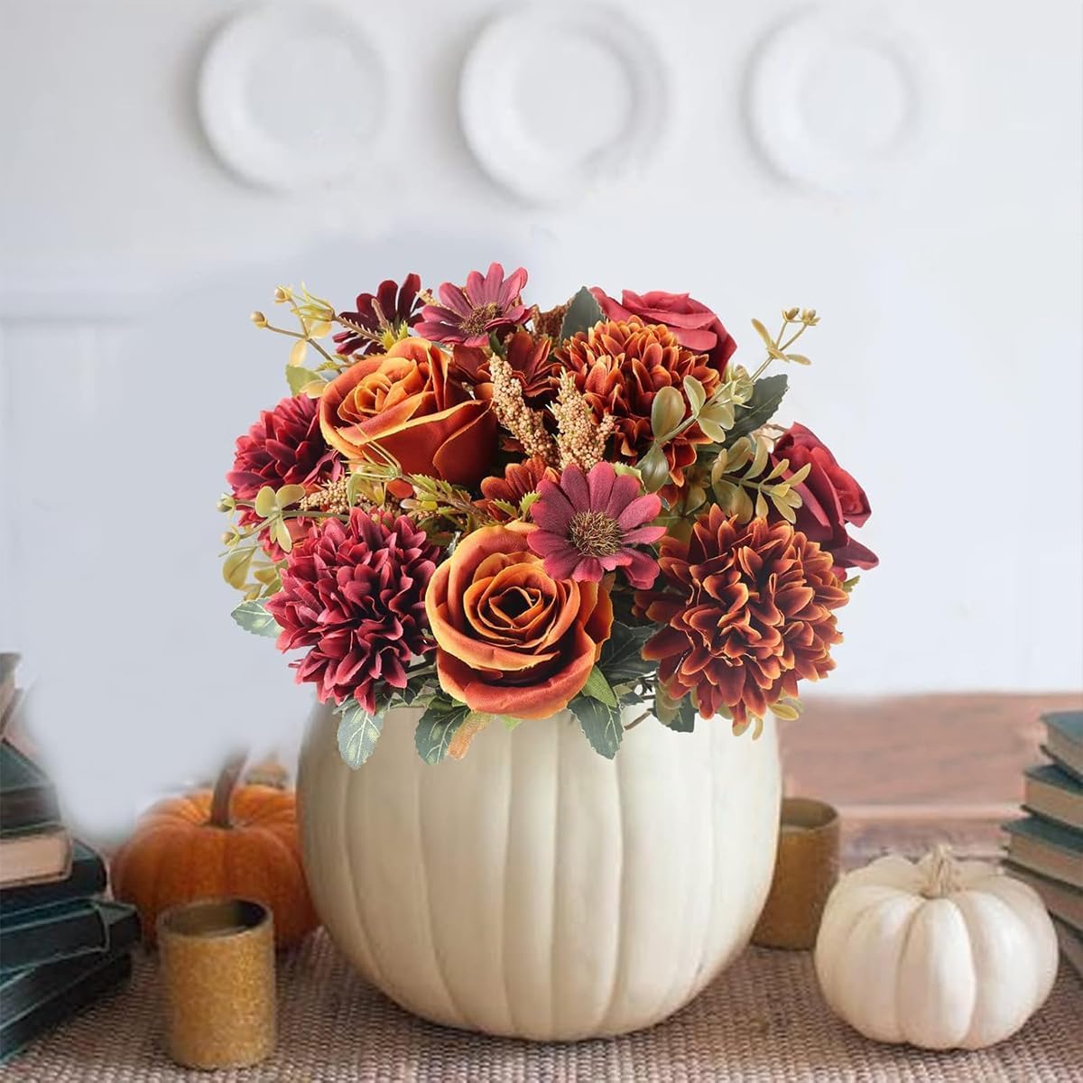 Artificial Fall Flowers|Fake Roses Silk Bouquets with Hydrangea Autumn Faux Flowers| 1 Bundle Arrangements for Home Fall Wedding Table Centerpieces Party Decor (Orange+Red)