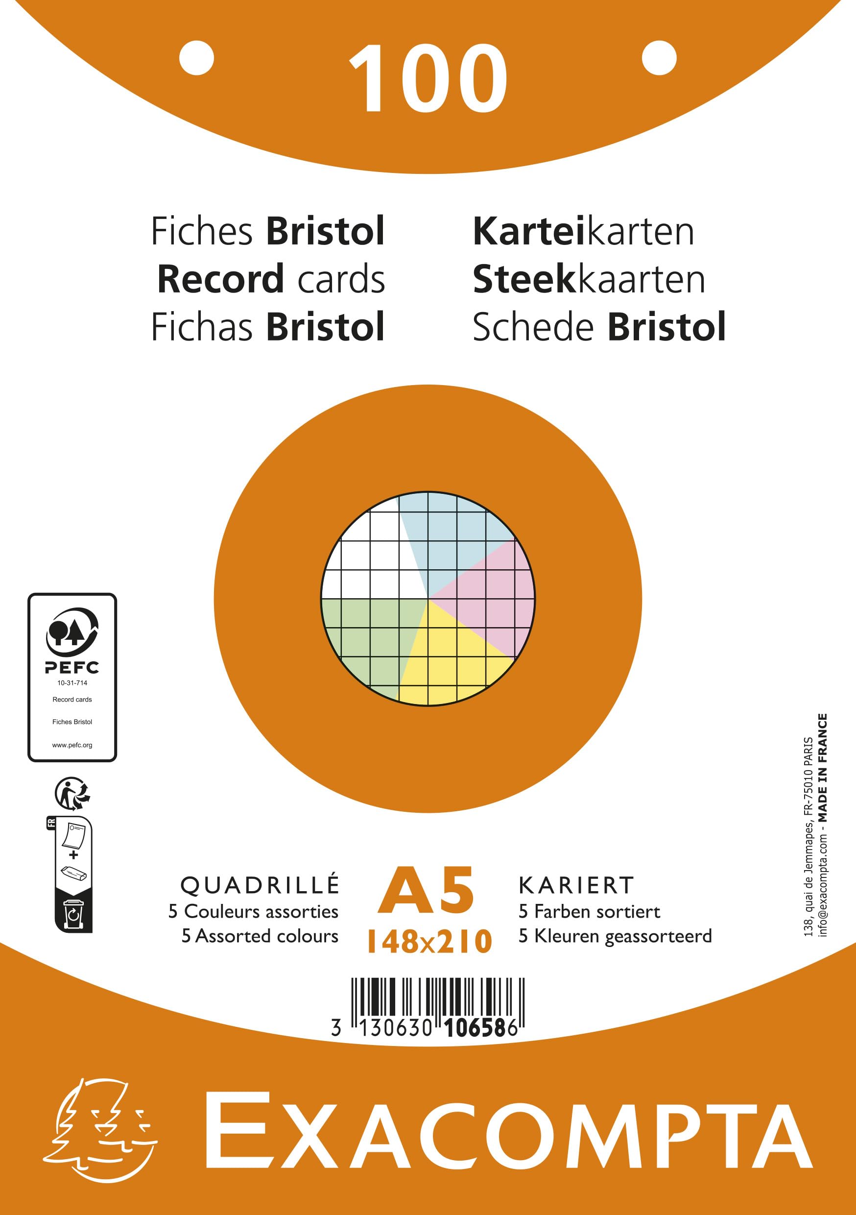Exacompta 1000 Karteikarten 5x5 Gelocht in Folie 148x210 mm Sortiert
