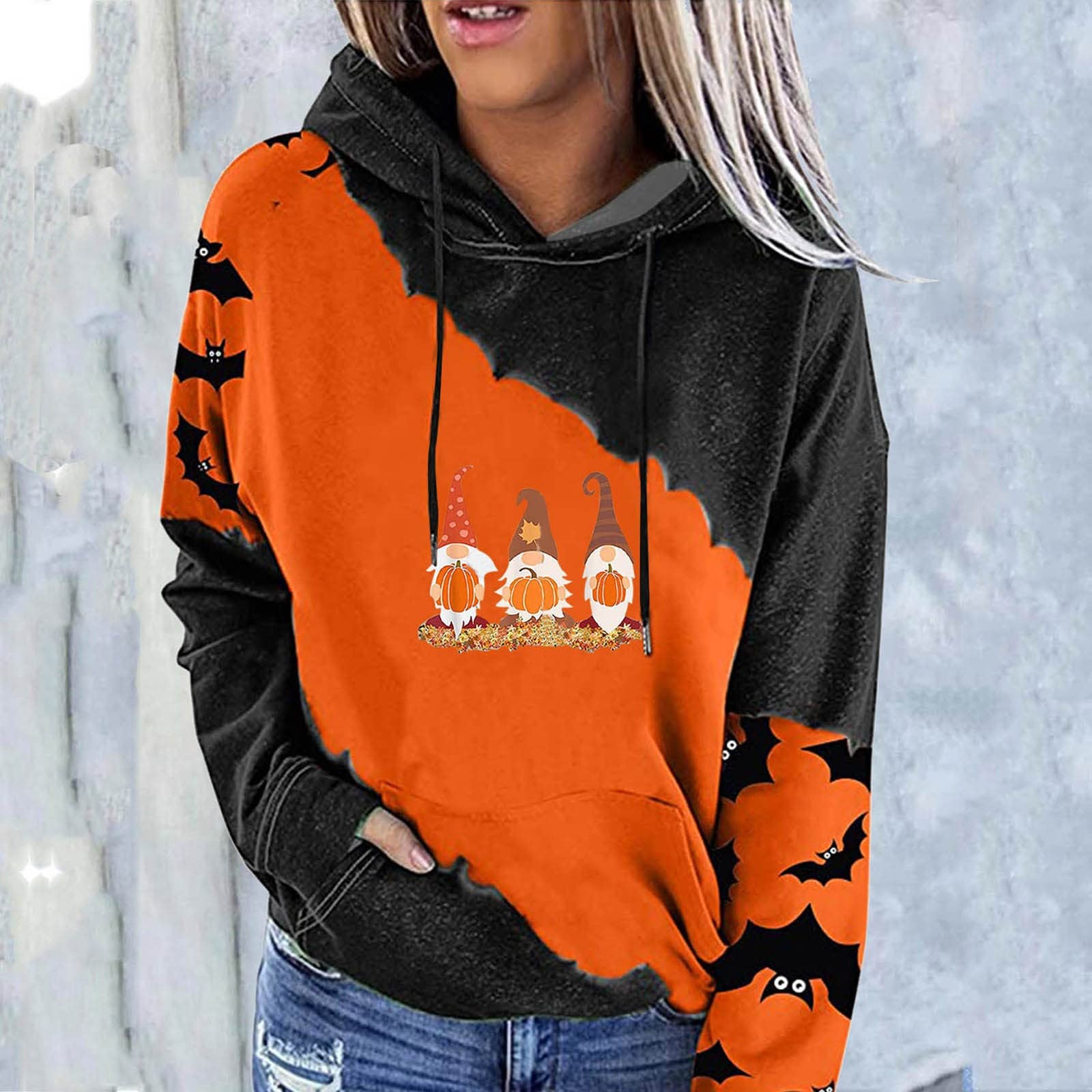 Damskie bluzy z kapturem na Halloween 2022 kolorowe bloki codzienna bluza z kapturem z długim rękawem lekka bluza topy UK promocja wyprzedaż wyprzedaż, A1_pomarańczowy, L