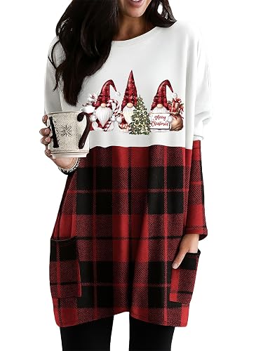 Womens Christmas Dress Long Sleeve Casual Plaid Sweatshirt with Pockets