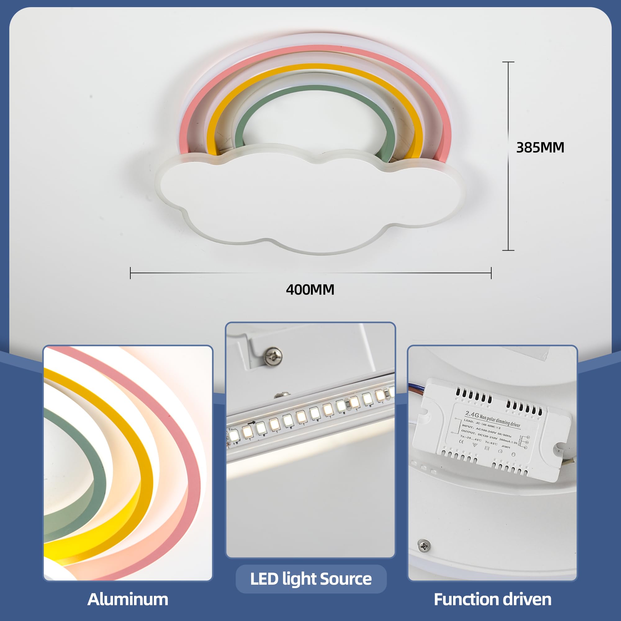 Kinder Deckenleuchte LED Regenbogen Wolken Design 40W 3400LM Dimmbar mit Fernbedienung & Wandschalter, Farbtemperatur 3000K-6500K, Nachtlicht, Timer, für Kinderzimmer Schlafzimmer Spielzimmer Ø40cm