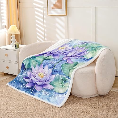 Miniatura 5 de Manfei Manta de flores de loto morado, manta de cama bohemia con libélula para niños, niñas, adultos, manta floral de acuarela para sofá, manta de