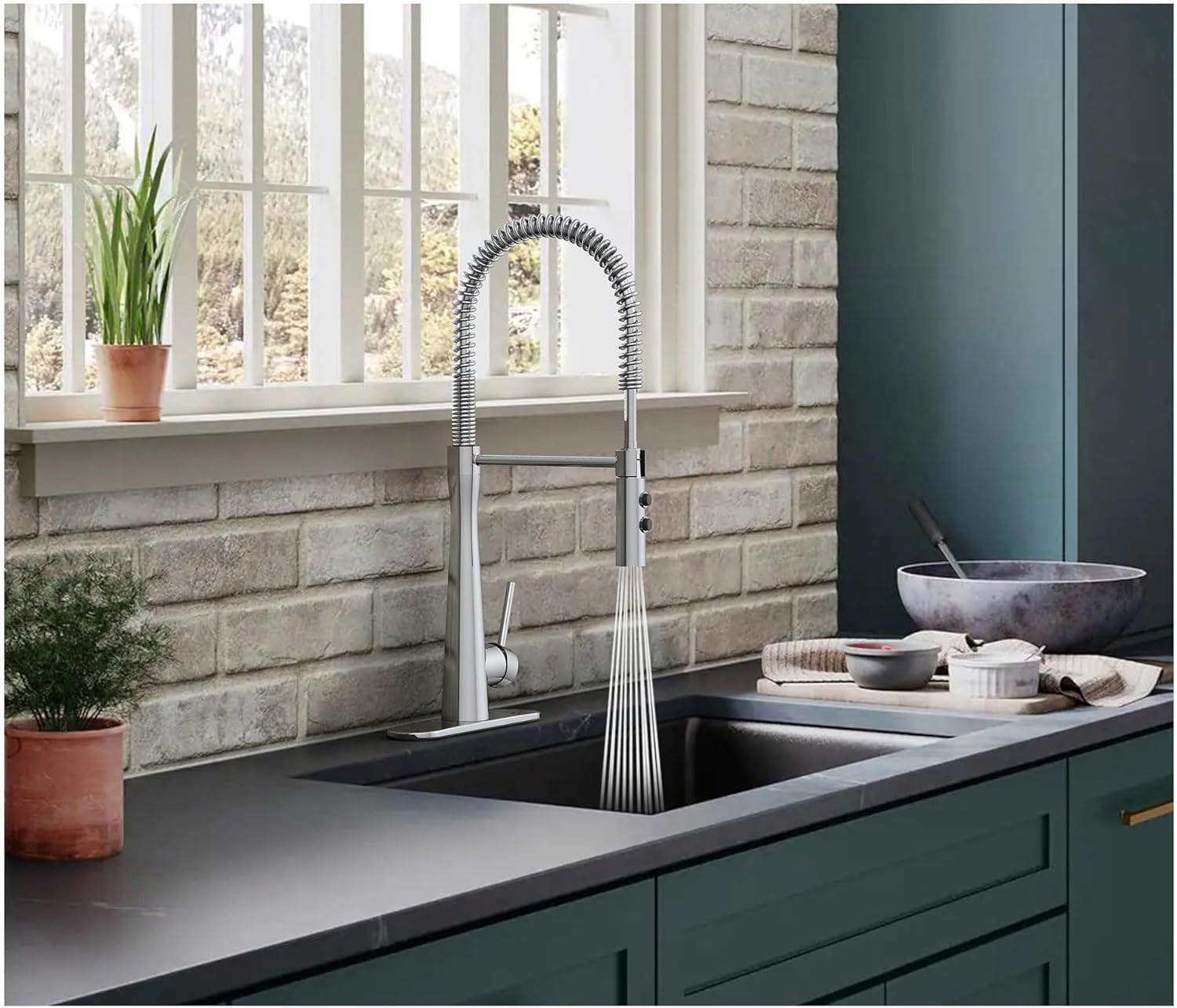 Chrome Kitchen Faucet with Soap Dispenser, Single Handle, Dual Function, Kitchen Sink Faucet with Put Out Sprayer for Lavatory, Bar, RV, Farmhouse