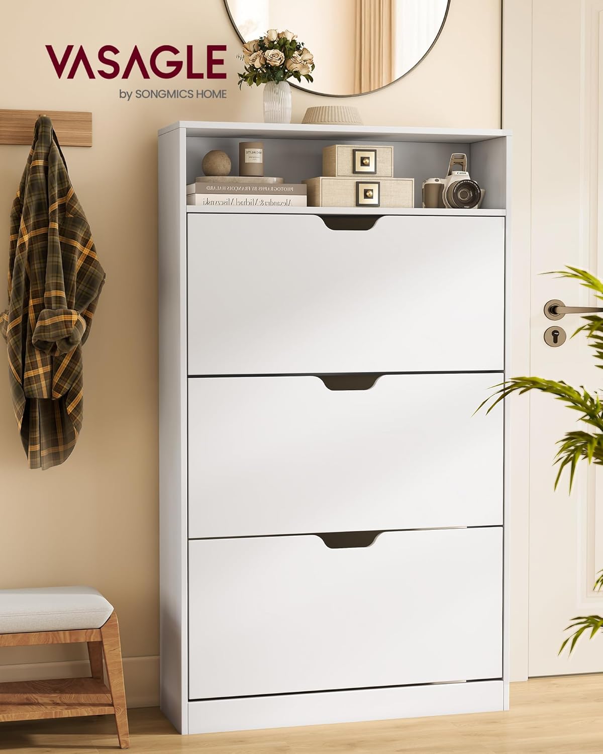 VASAGLE Custos Collection - Shoe Cabinet, Shoe Organizer, Open Compartment, Adjustable and Removable Dividers, 3 Flip Drawers, 9.4 x 31.5 x 54.5 Inches, for 21-24 Pairs, Cloud White ULBC043WB01