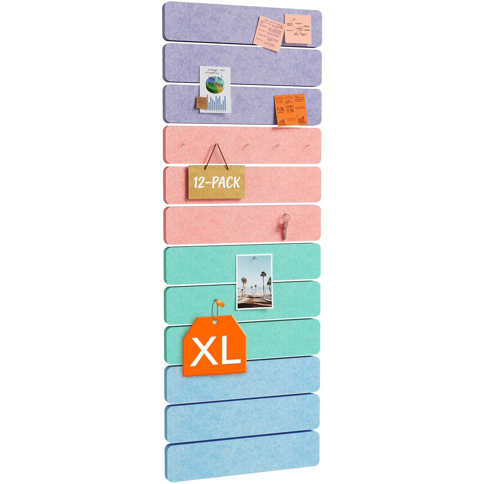 Lifewit Bulletin Board with 80 Pin Set, 12-Pack Cork Board Alternative Felt Strip Board, 45x10 cm, 4-Color Set, Full Self-Adhesive Wall Panel for Decor, for Office, Dorm, Home, Concrete Grey
