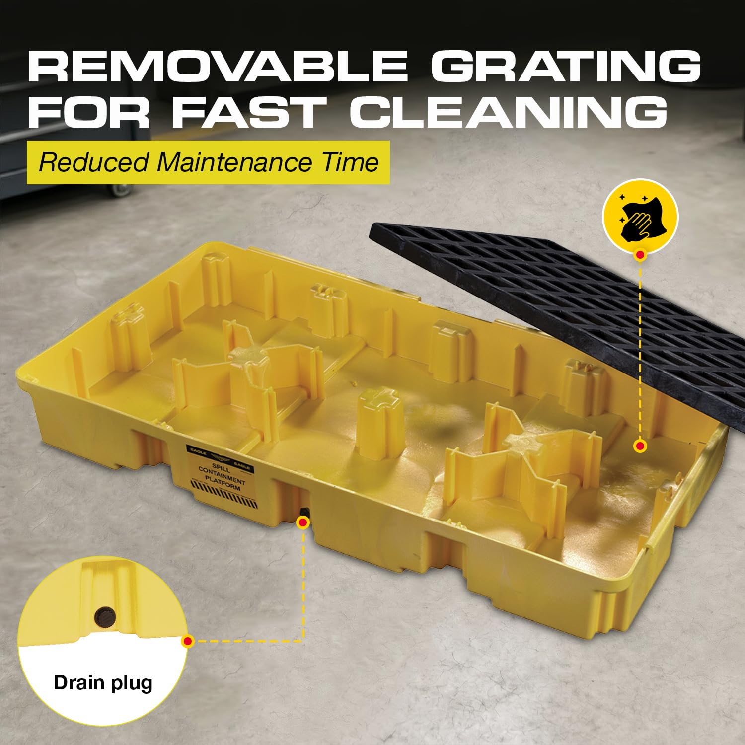 Eagle 2 Drum Spill Containment Pallet with Drain, Forklift Pockets, Yellow — Amazon image 6