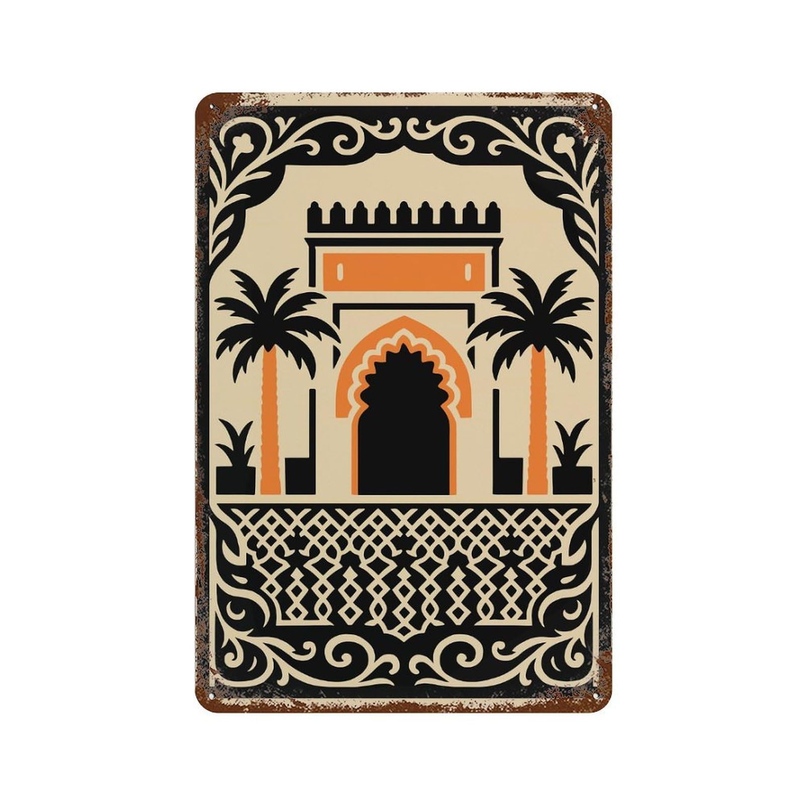 Vintage Metal Tin Sign Moroccan Architecture Illustration 11.8"x7.9", Classic Wall Plaque for Pub, Kitchen And Man Cave Decor