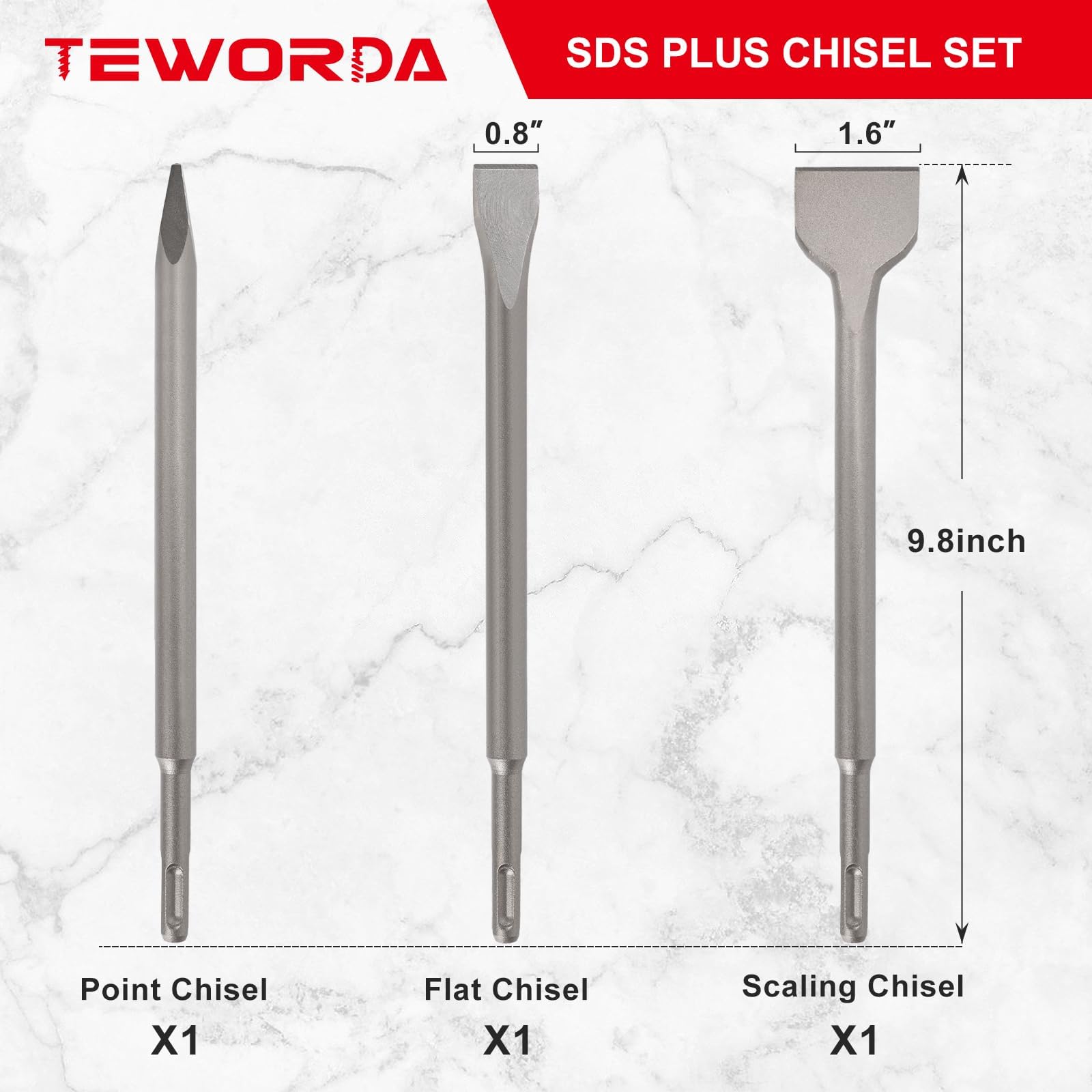 SDS-Plus Chisel Set – 3-Piece (Point, Flat, Scaling) For Rotary Hammer, 40CR Steel, Individual Cases – For Concrete, Brick, Tile