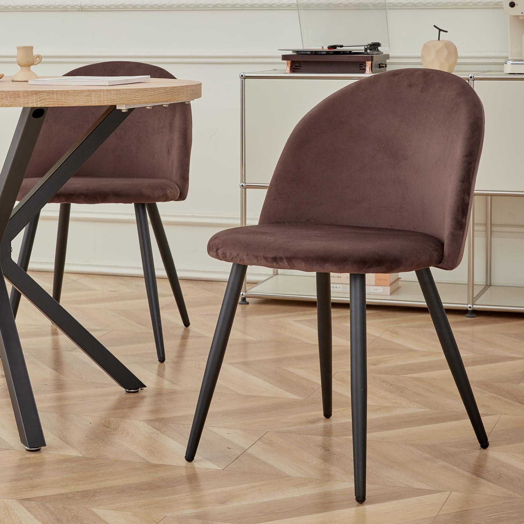 BenyLed - Set di 8 sedie da salone e cucina con rivestimento in velluto, moderne, con gambe in metallo nero (marrone)