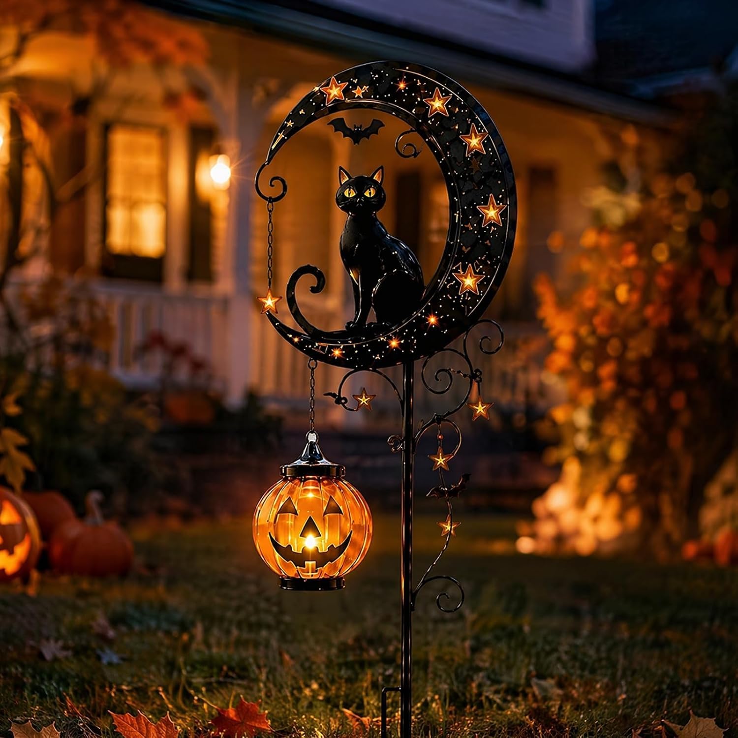 Solar Halloween Black Cat & Pumpkin Moon Garden Stake Light, Solar Pumpkin Stakes Outdoor Waterproof LED Crescent Moon Hanging Jack-o'-Lantern for Garden, Patio, Walkway