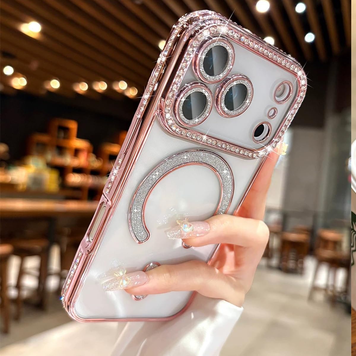 Magnetic Clear Glitter Case for iPhone 17 Pro Max,[Compatible with MagSafe] Cute Bling Sparkly Diamond Rhinestones with Camera Protector TPU Bumper Women Girls Case for iPhone 17 Pro Max,Pink - Image 6