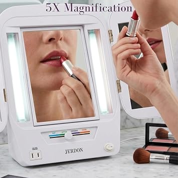JERDON Tri-Fold Lighted Makeup Mirror with 5X Magnification Vanity Mirror with 4 Light Settings & Built-in Outlet Space-Saving Trifold Design, 22 x 12.5 Open Model JGL10W