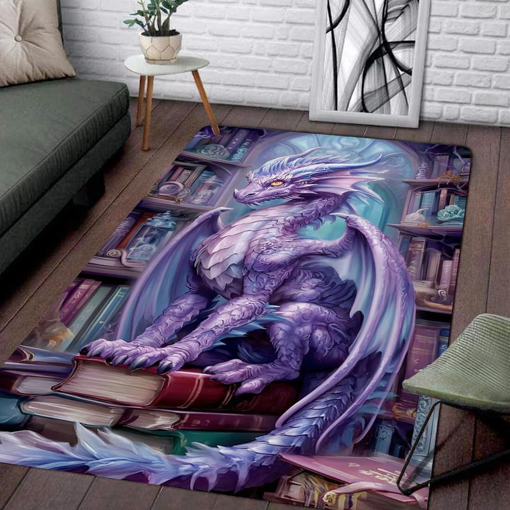 Fantasy Dragon Rug – Mystical Blue Purple Dragon Area Rug for Living Room, Bedroom, Home Decor – Soft Washable Non-Slip Floor Carpet for Gamers, Kids, Adults (Purple Dragon Book)