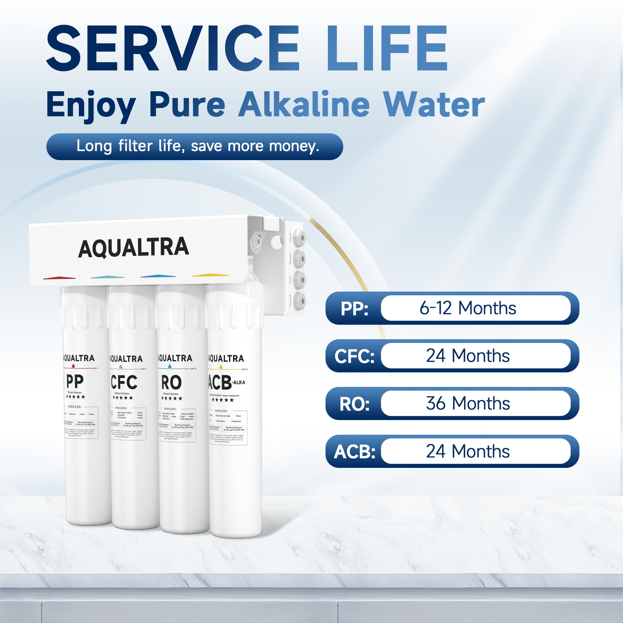 AQUALTRA USF-4RF-100 Depuratore Acqua Osmosi Inversa Sottolavello Alcalino pH+, Sistema di Filtrazione 0,0001μm, 100 GPD, Rapporto Acqua Pura/Scarto 3:1, con Rubinetto e Serbatoio Integrato