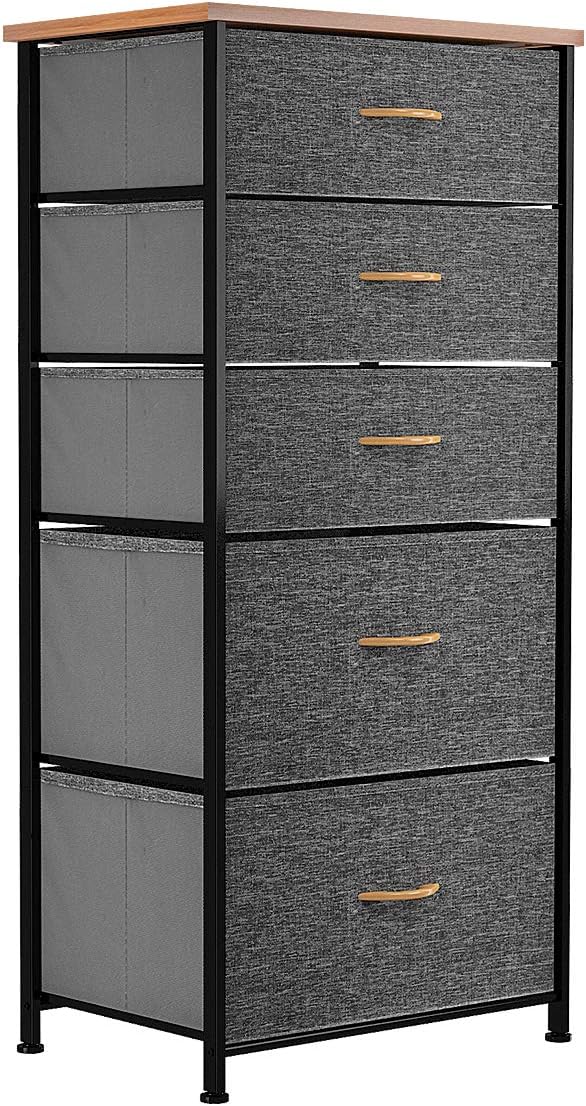 YITAHOME Dresser with 5 Drawers - Fabric Storage Tower, Organizer Unit for Bedroom, Living Room, Closets & Nursery - Sturdy Steel Frame, Wooden Top (5 High Wider Drawers Cool Grey)