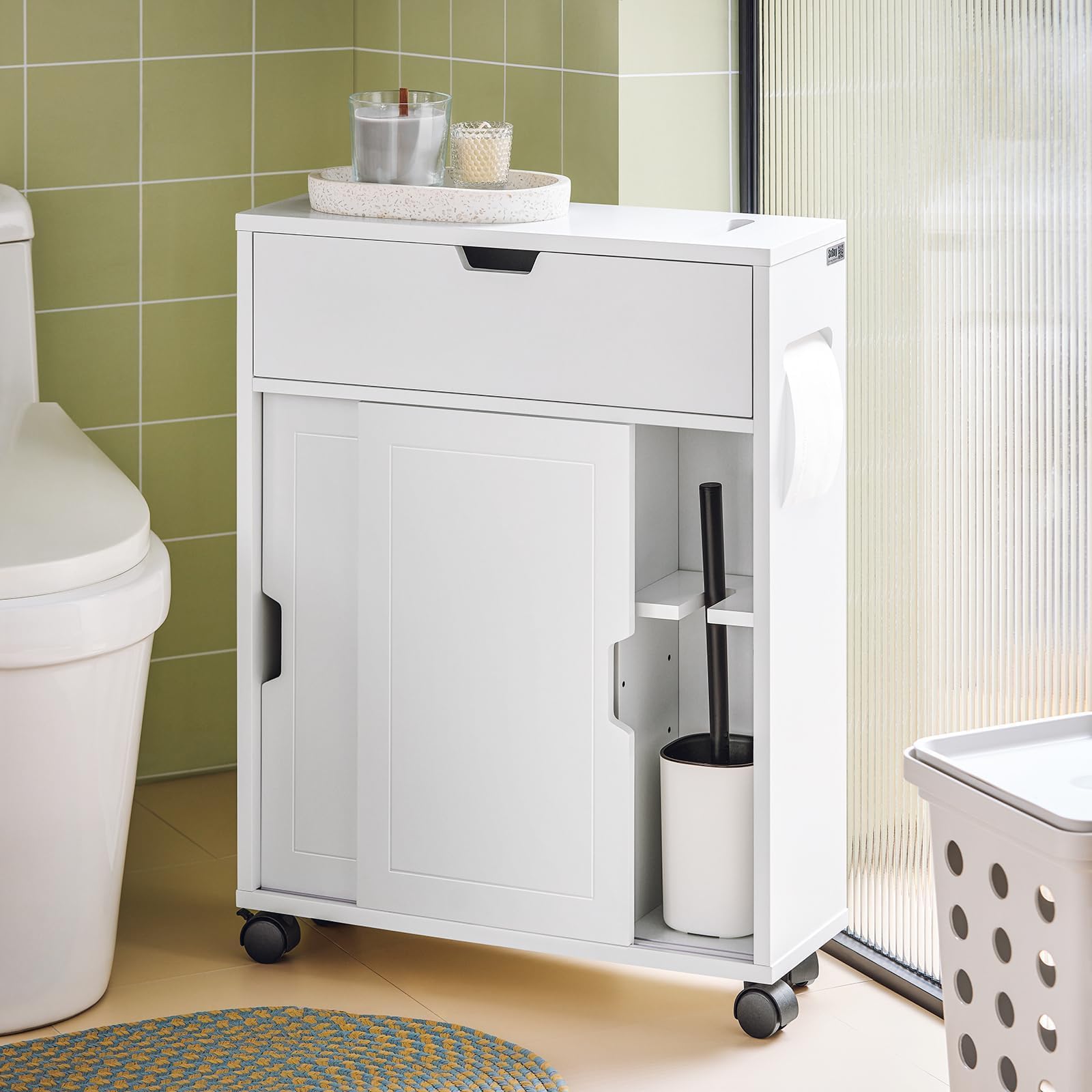 SoBuy BZR31-W, Smalle Badkamer Opbergkast Op Wielen Voor Kleine Ruimte Toiletrolhouder Met Schuifdeuren En Klep