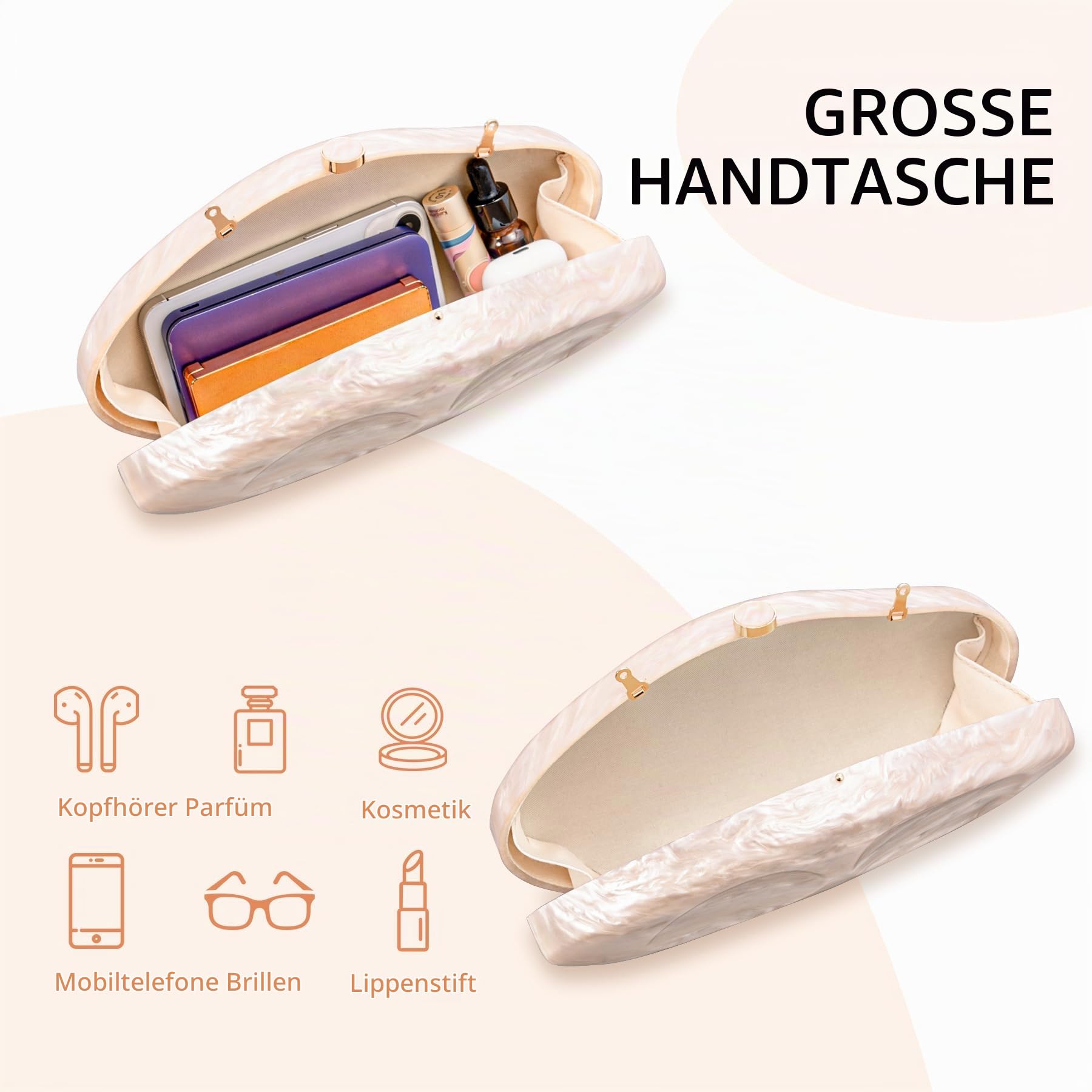 Larcenciel Acryl Handtasche Damen, Unregelmäßige Muschelform Champagner Clutch mit Abnehmbarer Kette, Elegante Abendtasche Kleine Umhängetasche für Hochzeiten, Partys, Abschlussbälle, 26.5 x 5 x 13 cm