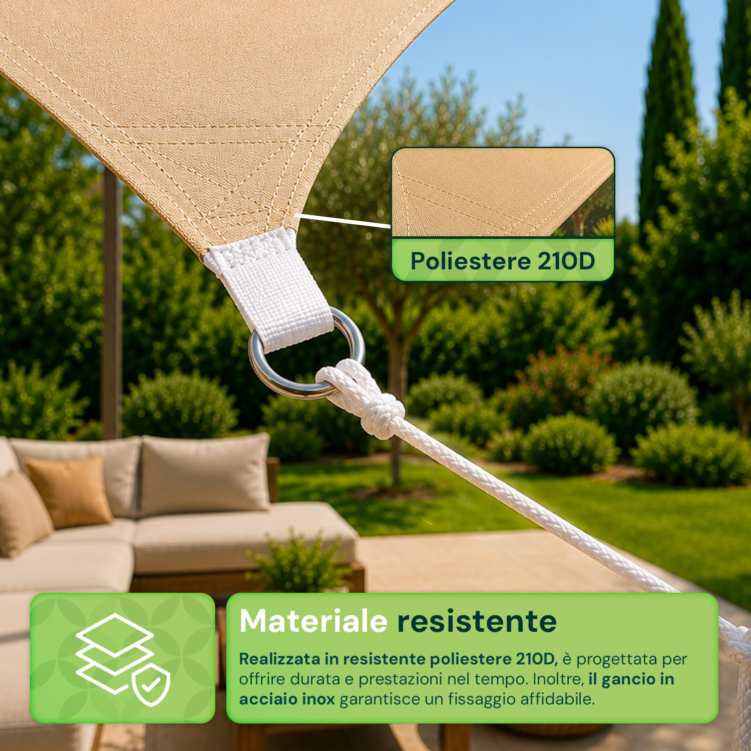 Tenda a Vela Parasole Ombreggiante Traspirante Permeabile Telo Telone per Esterno, Giardino, Terrazzo, Balcone Rettangolare e Quadrata Resistente ai Raggi UV (Triangolare, 5 x 5 x 5 metri)
