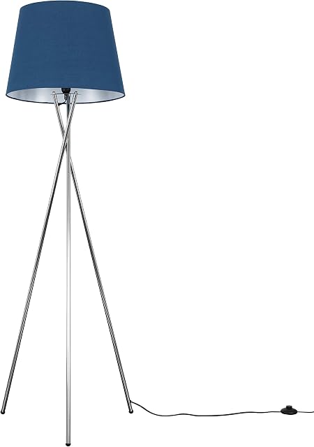 MiniSun Modern Polished Chrome Metal Tripod Floor Lamp with a Navy Blue Tapered Shade - Complete with a 6w LED Bulb [3000K Warm White]